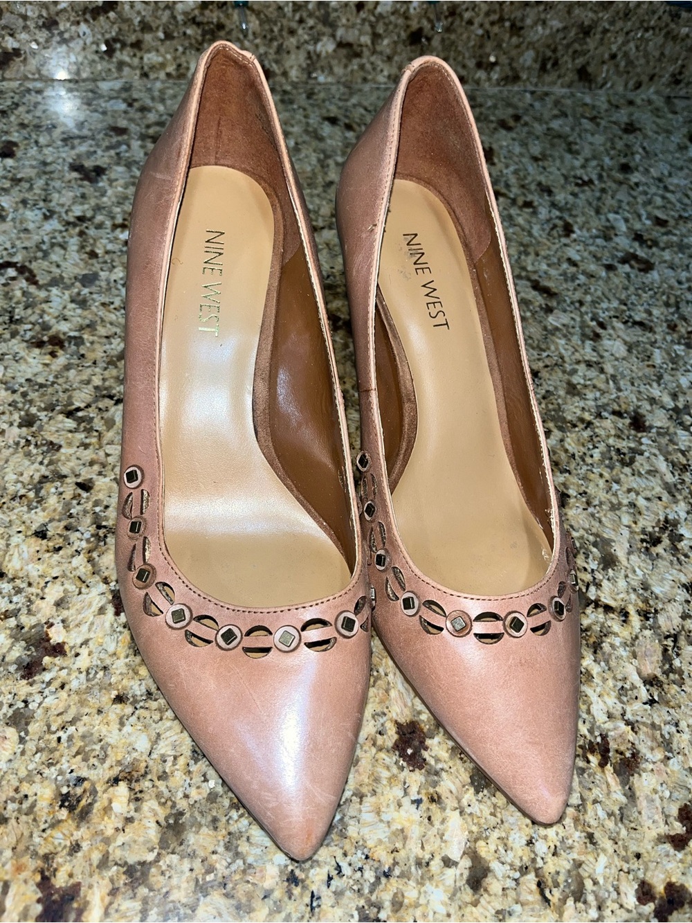 Nine West Taupe Leather Pointed Toe Pumps with Cutout Stud Detail